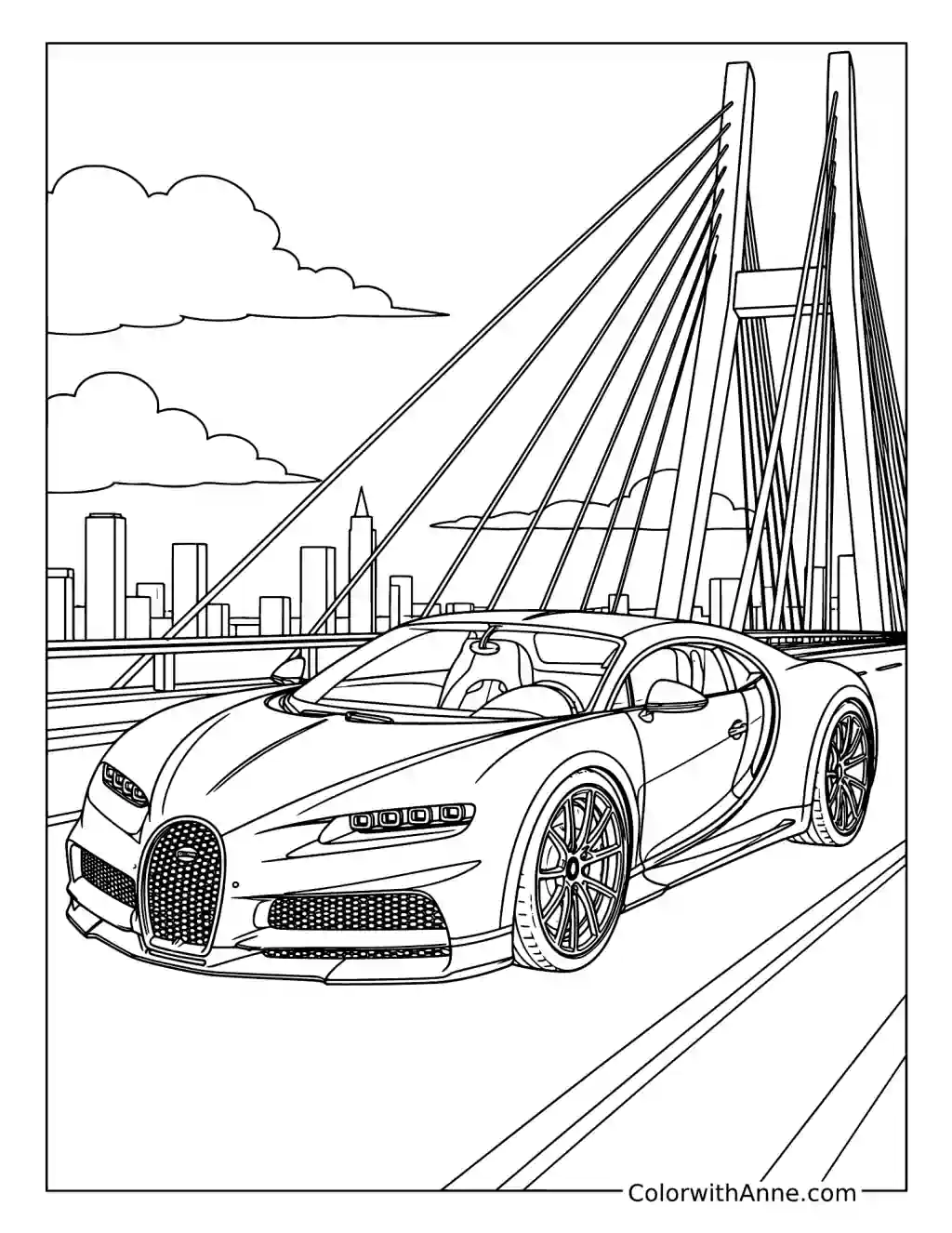 Bugatti Chiron on a Cable-Stayed Bridge coloring page