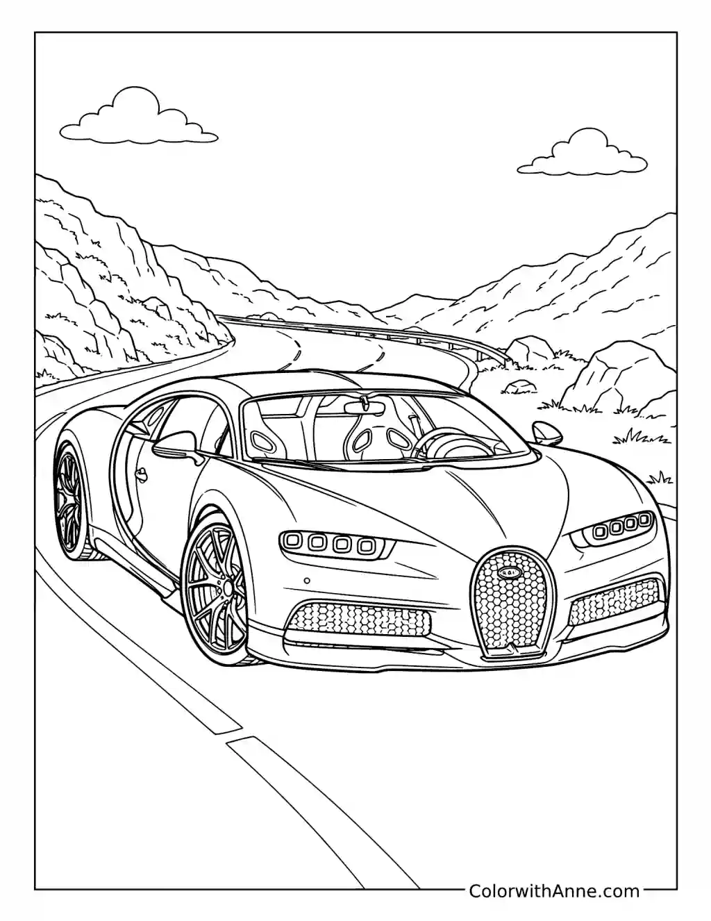 Bugatti Chiron on a Curving Road coloring page