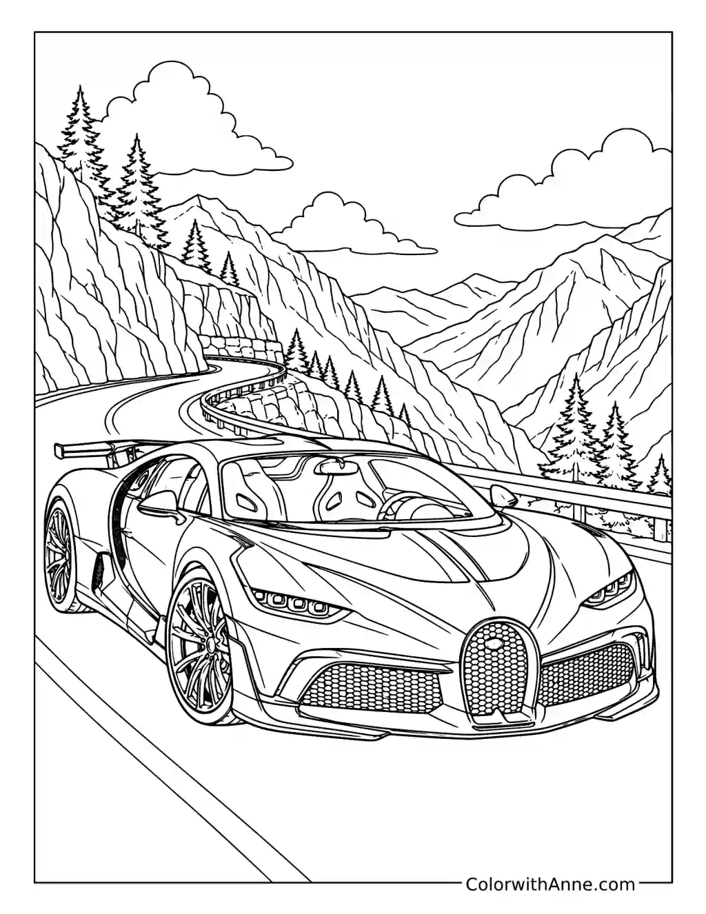 Bugatti Divo on a Mountain Pass coloring page