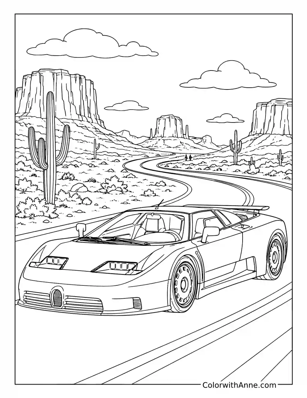 Bugatti EB110 on a 1990s Desert Highway coloring page