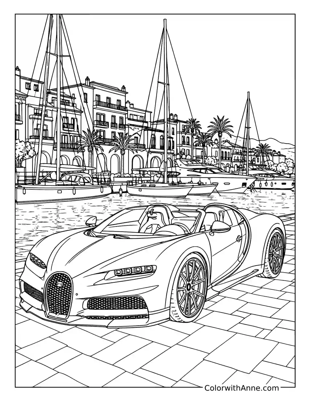 Bugatti W16 Mistral at the Marina coloring page