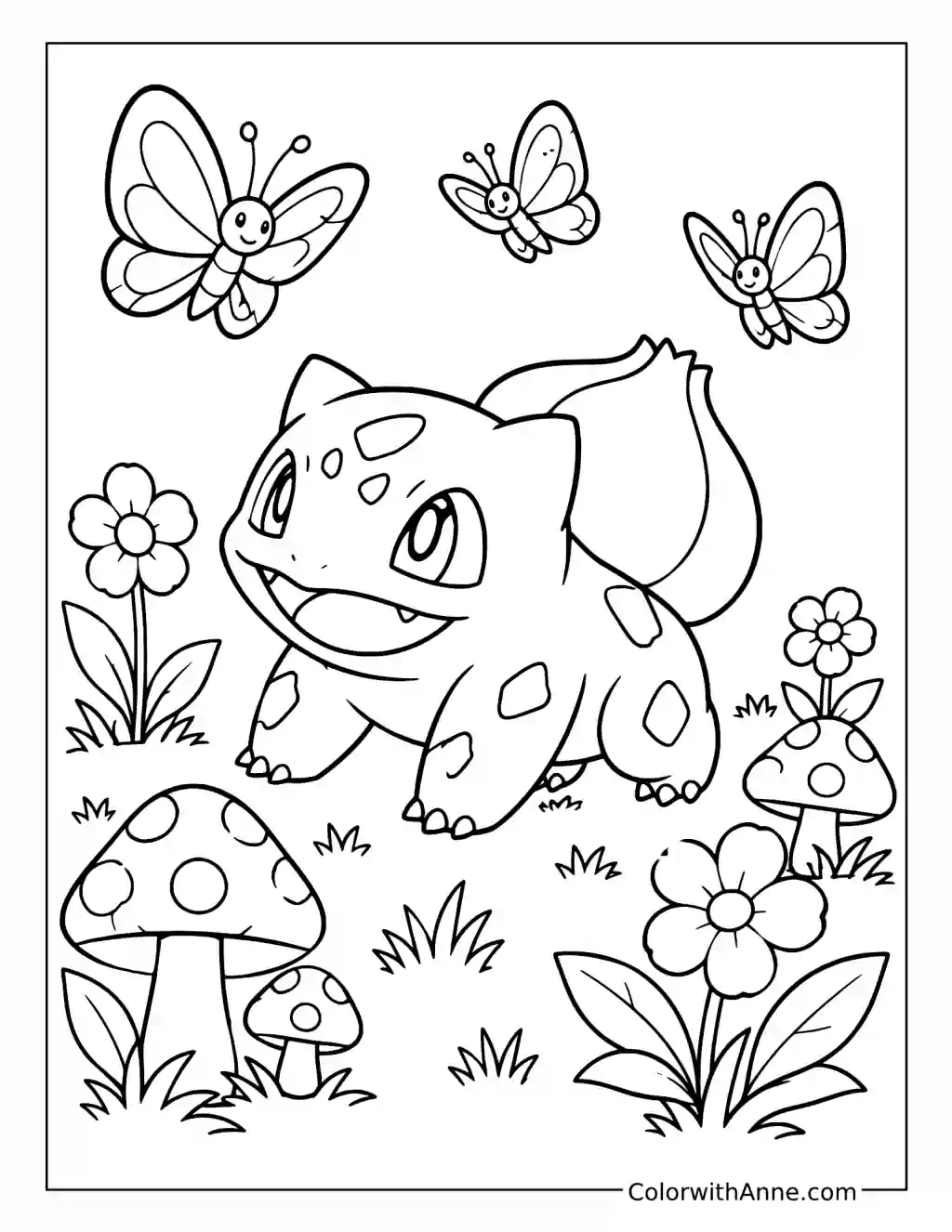 Bulbasaur Watches Butterflies in a Meadow coloring page