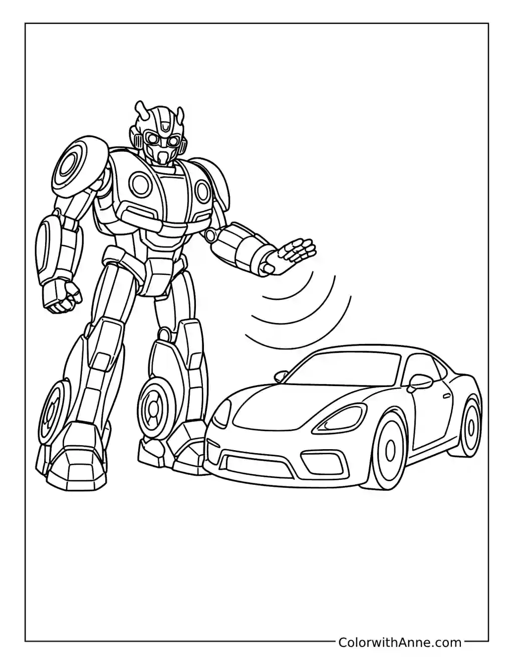 Bumblebee Scans a Sleek Sports Car coloring page