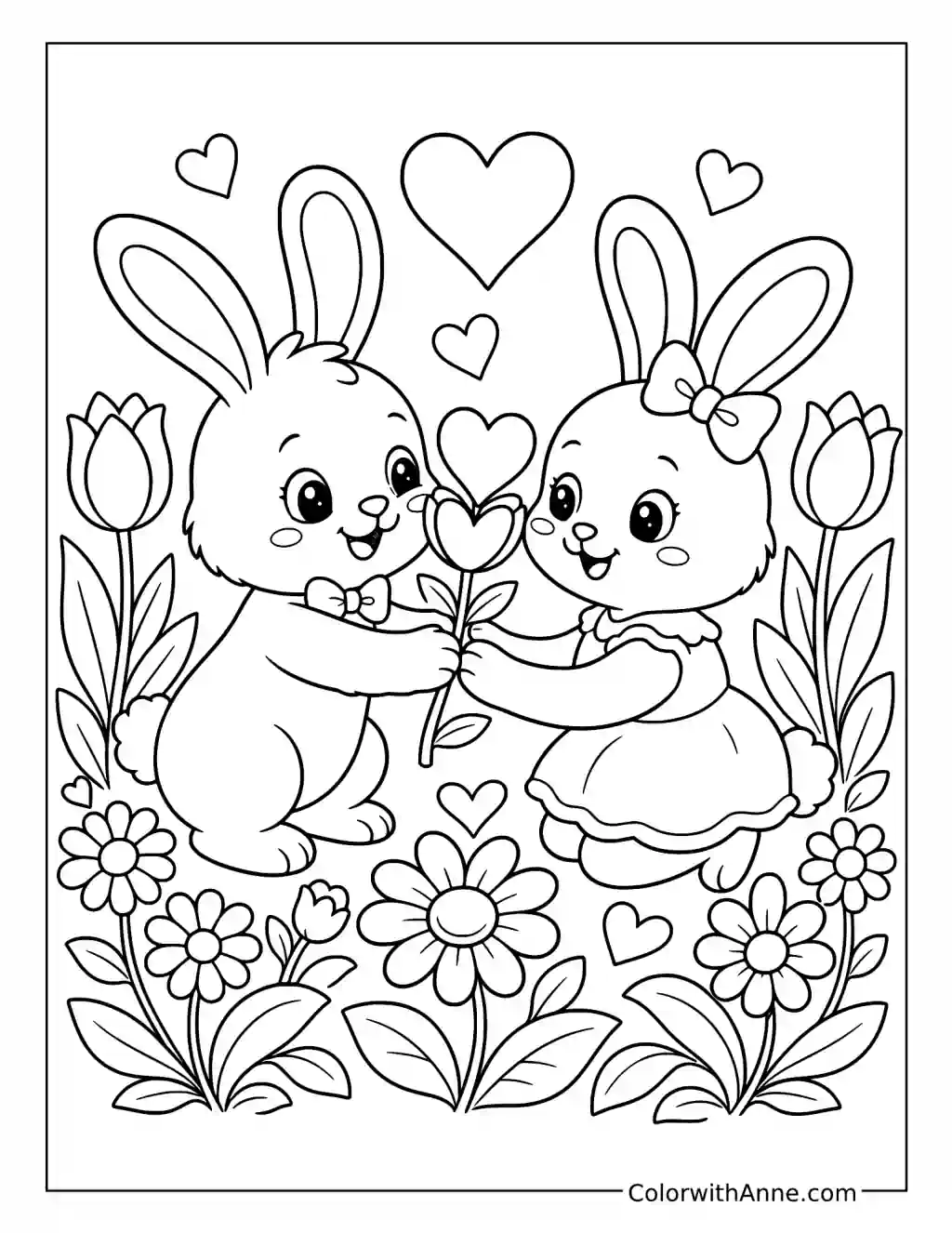 Bunnies Sharing a Tulip coloring page