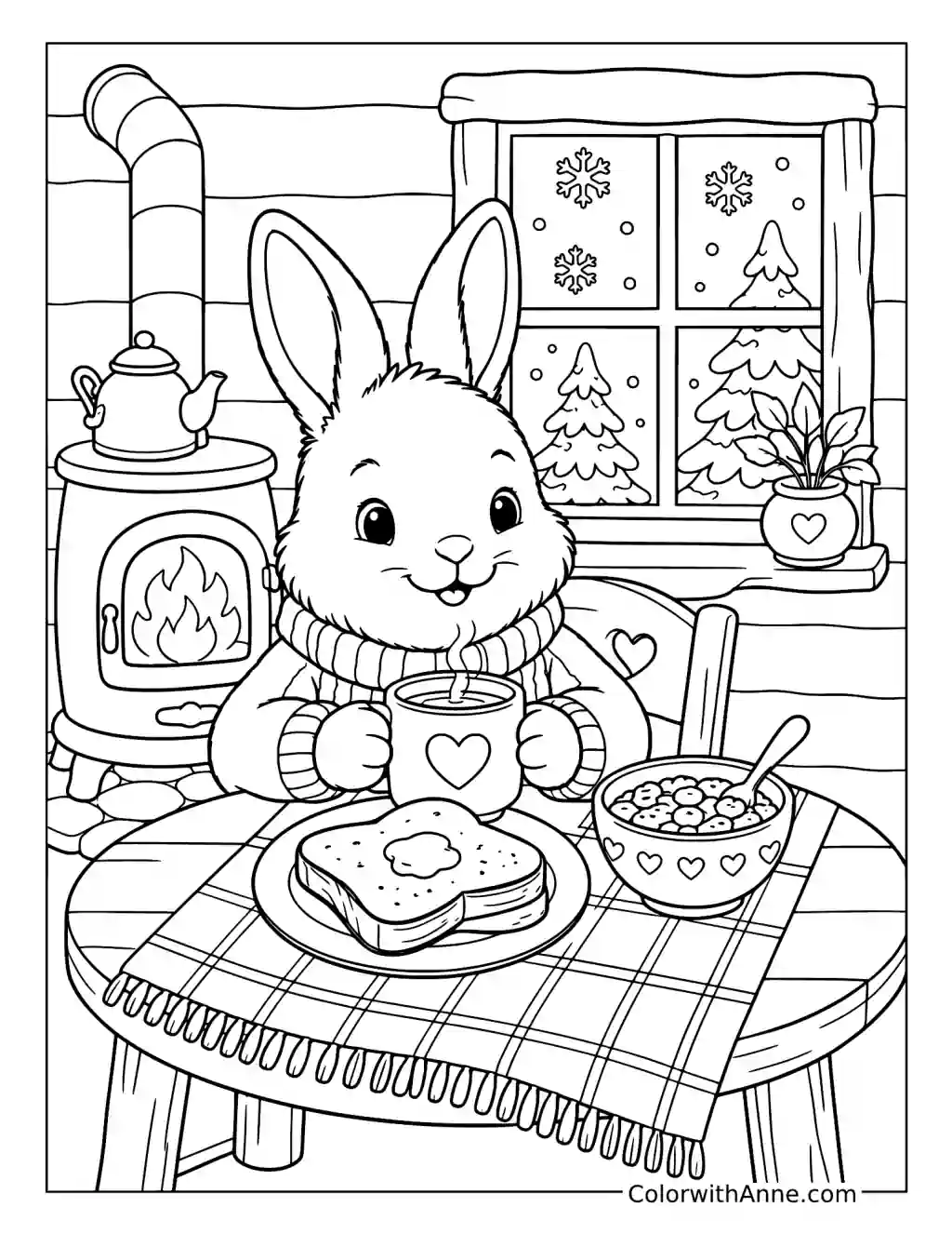 Bunny's Snowy Cabin Morning coloring page