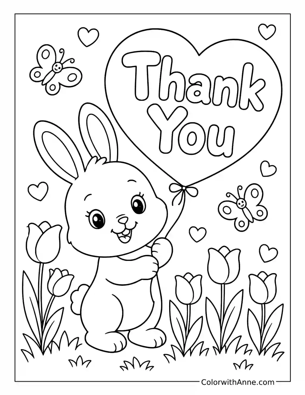 Bunny with Thank You Heart Balloon coloring page
