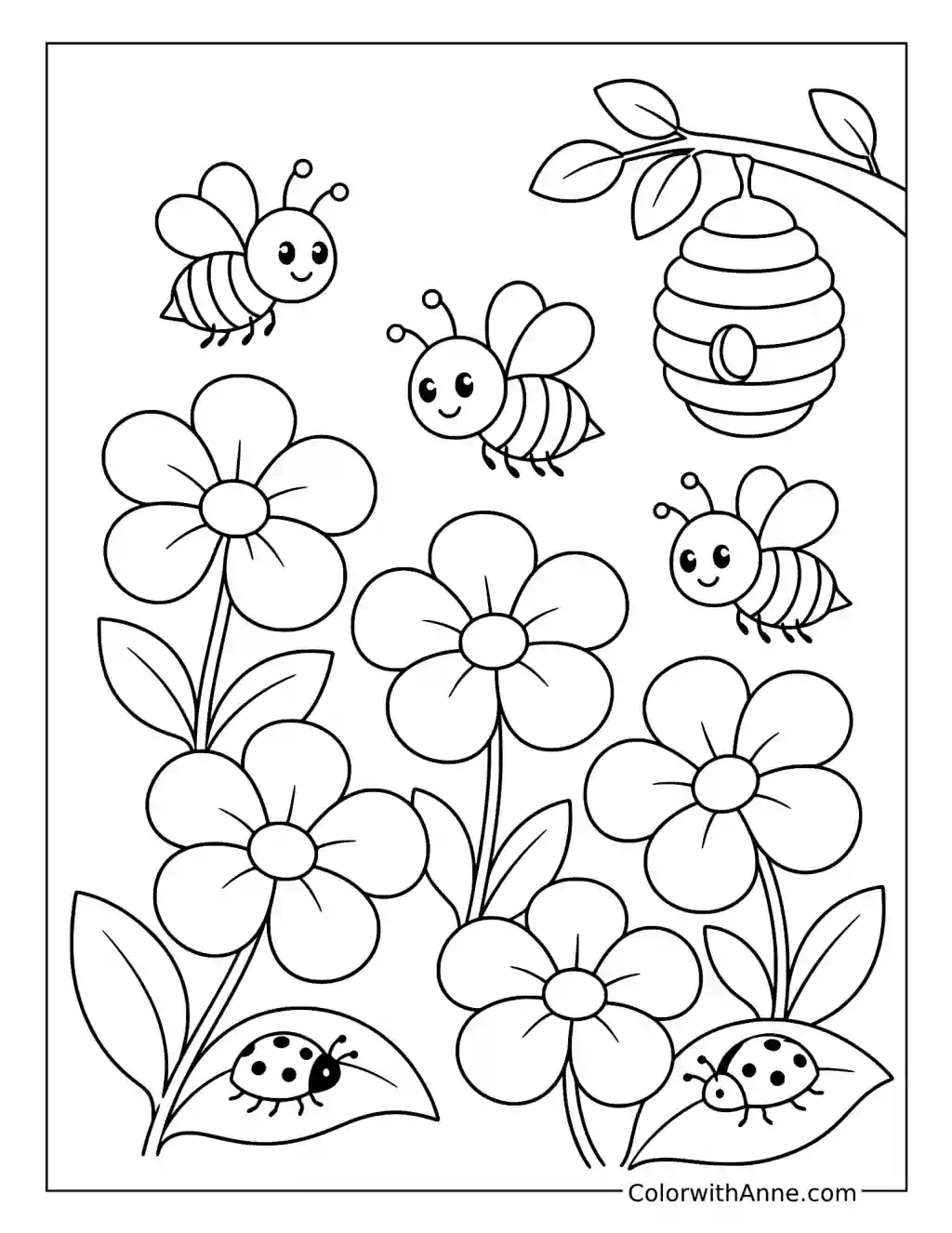 Busy Bees in a June Garden coloring page