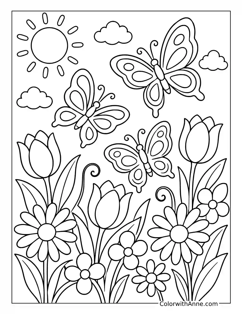 Butterflies and Spring Flowers coloring page