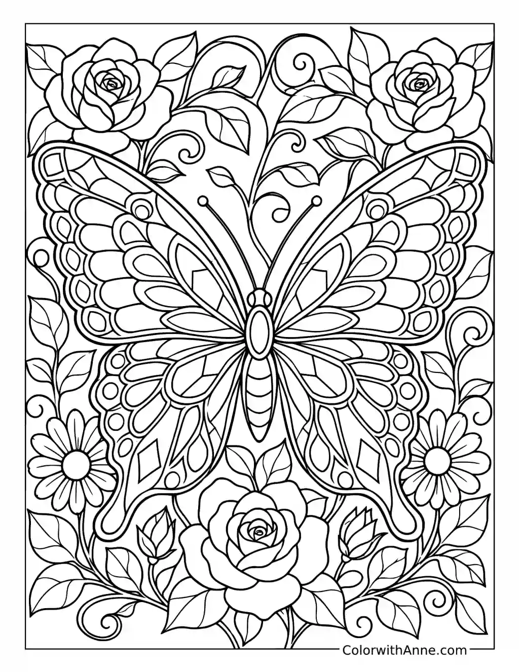 Butterfly and Flowers Stained Glass coloring page