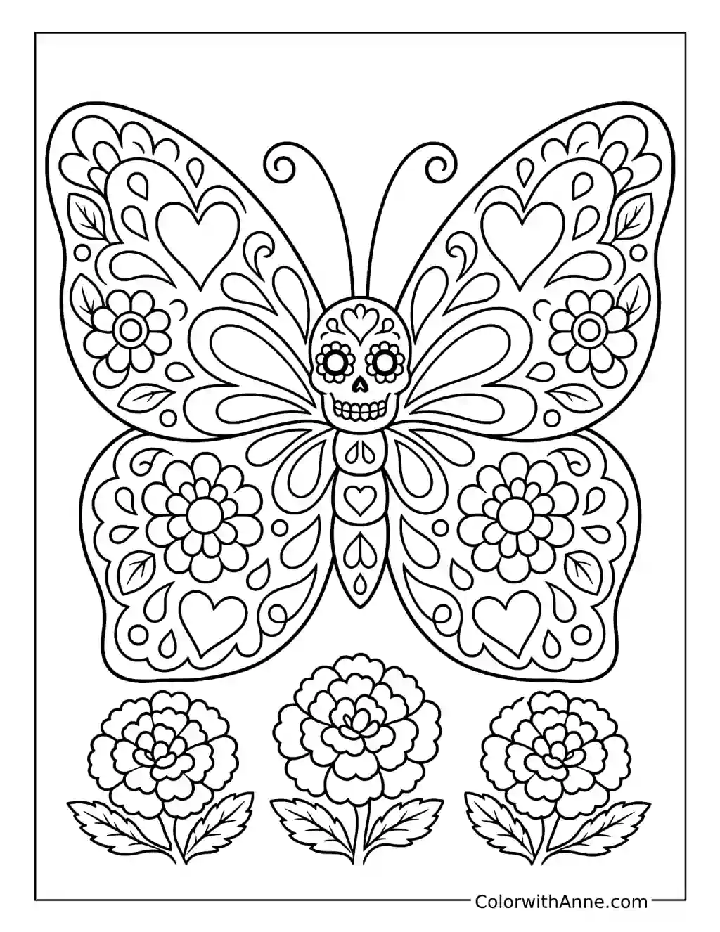 Butterfly with a Sugar Skull and Floral Wings coloring page