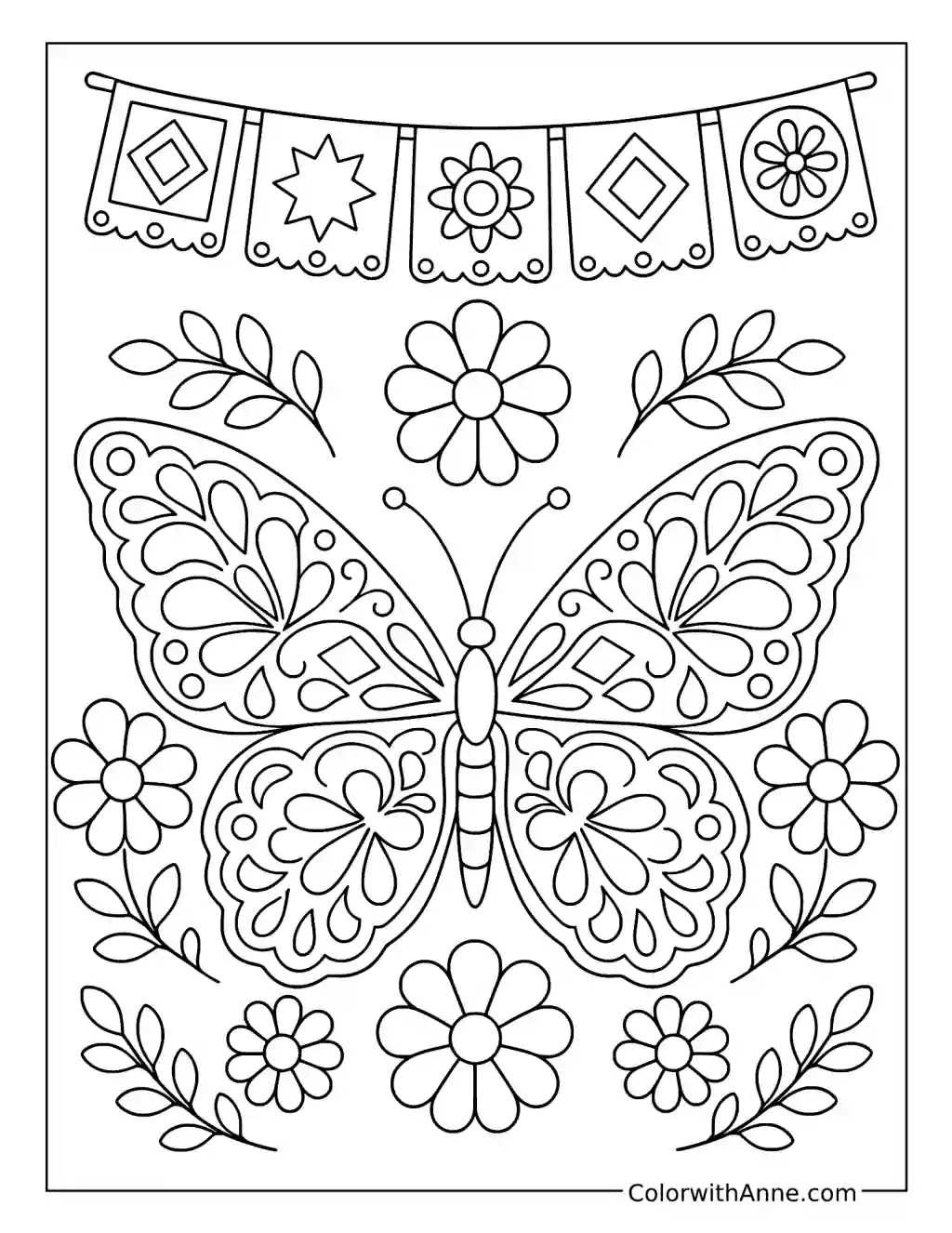 Butterfly with Floral Folk Art Patterns coloring page