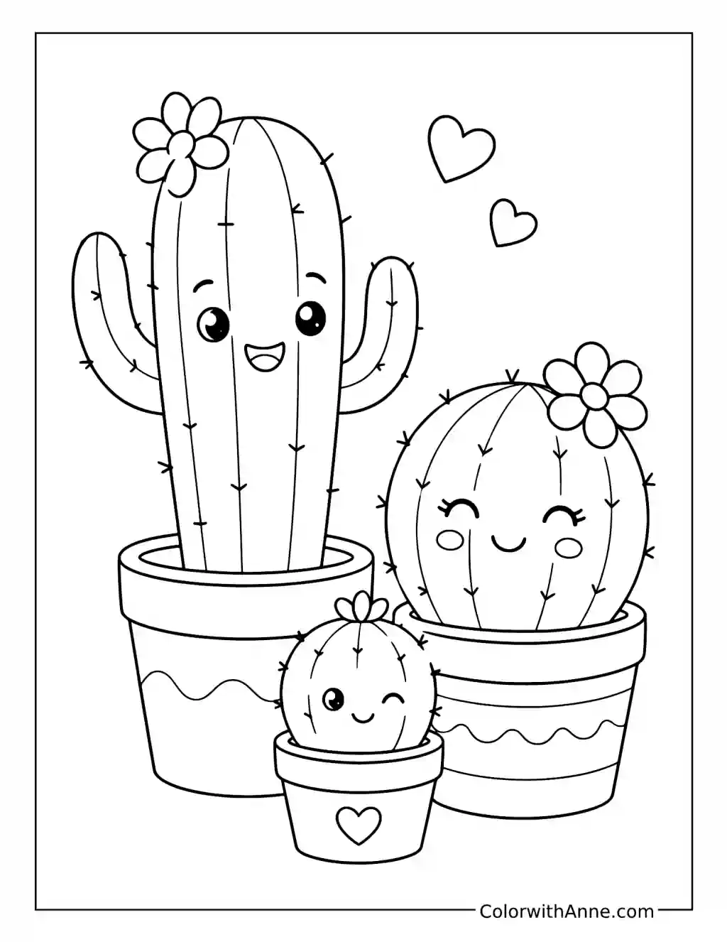 Cactus Family in Flowerpots coloring page