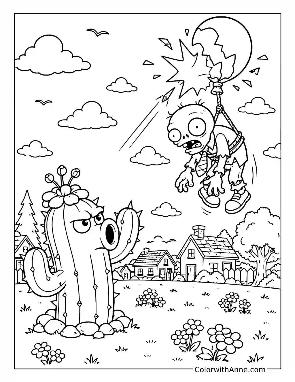 Cactus Pops a Balloon Zombie coloring page