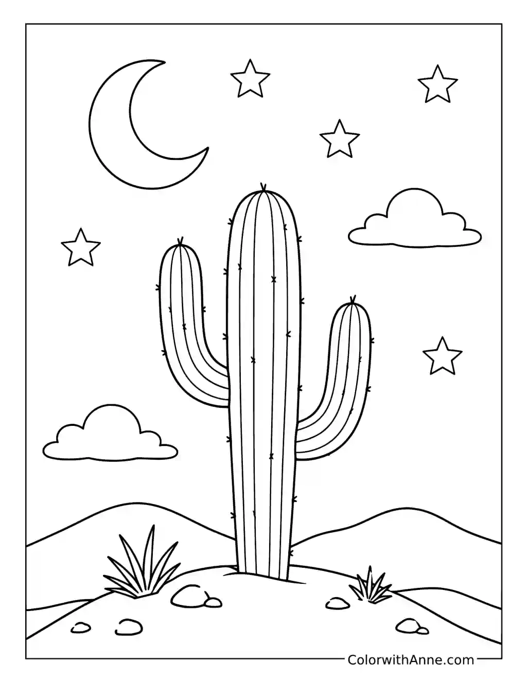 Cactus Under the Moon coloring page
