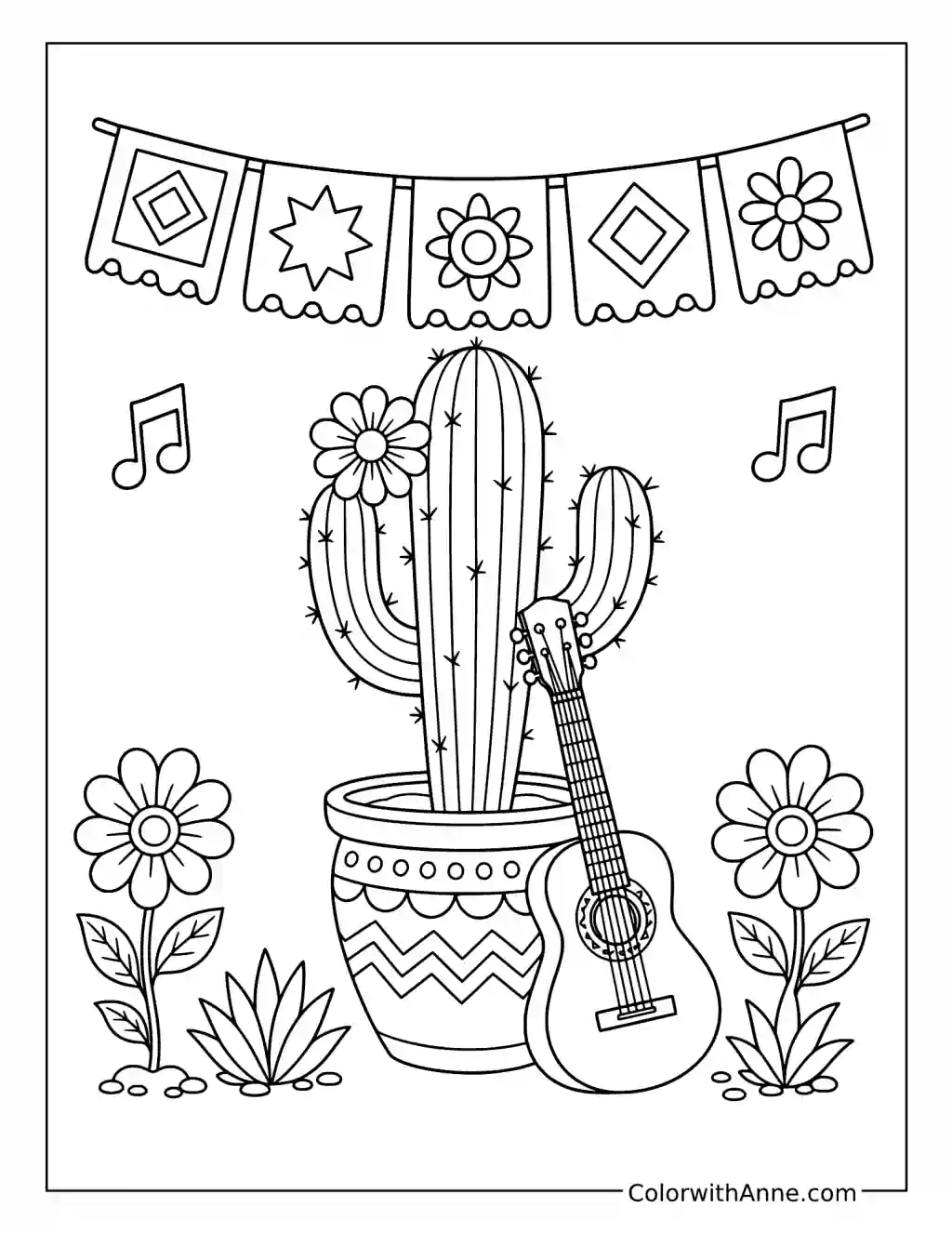 Cactus with Guitar and Paper Banners coloring page