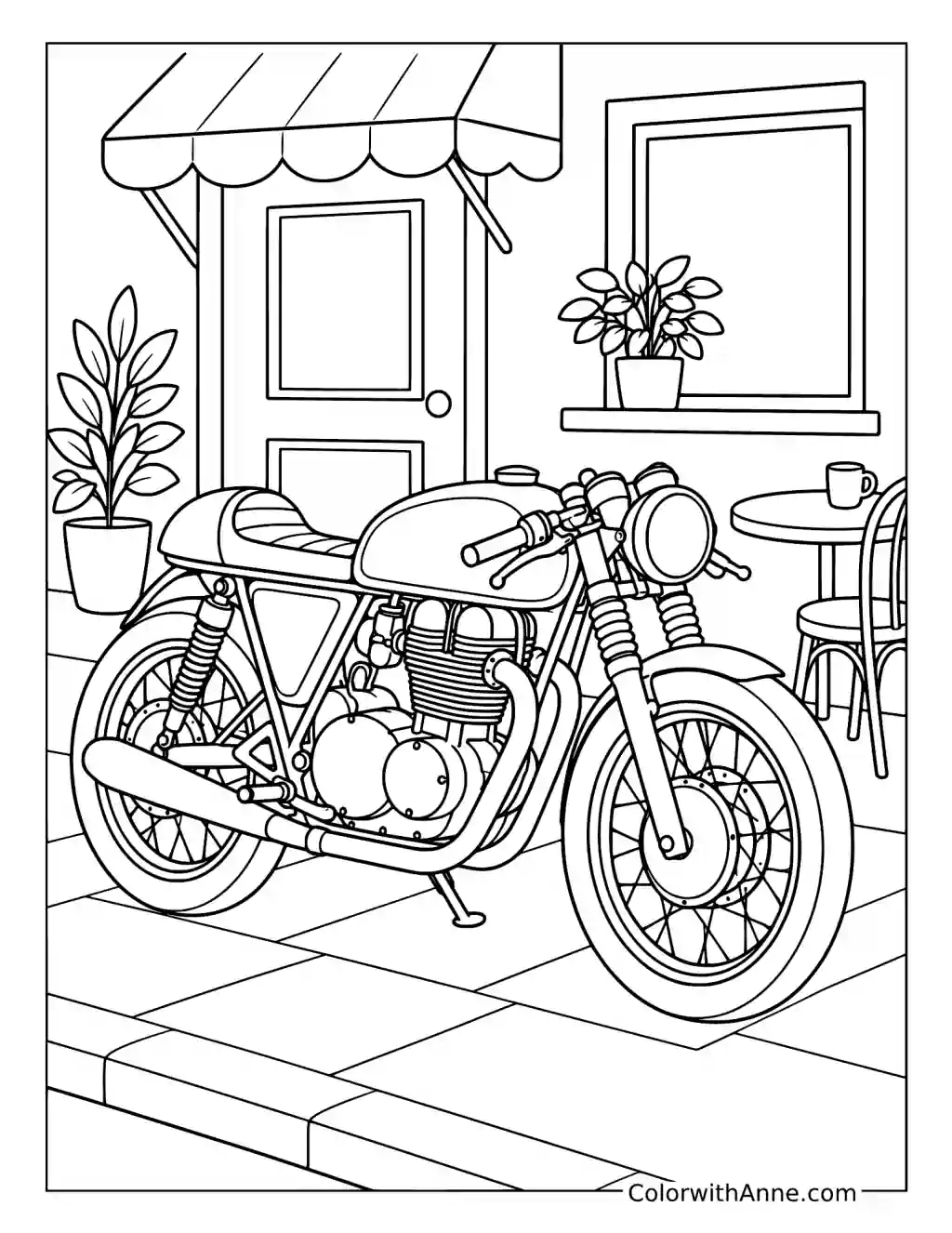 Cafe Racer Motorcycle outside a Cafe coloring page