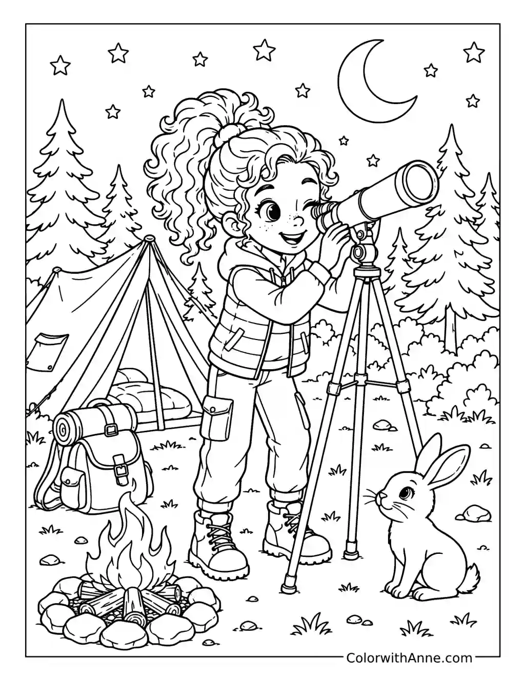 Camper's Telescope Adventure Under the Stars coloring page