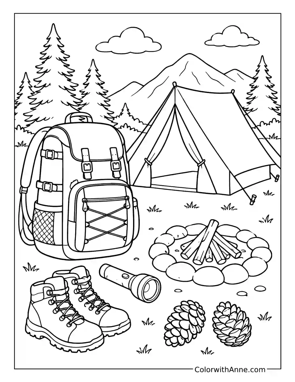 Camping Backpack by the Tent coloring page