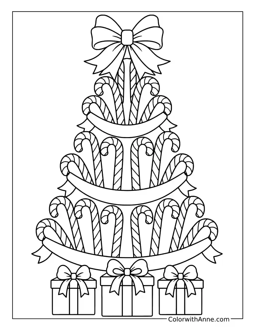 Candy Cane Christmas Tree with Bows coloring page