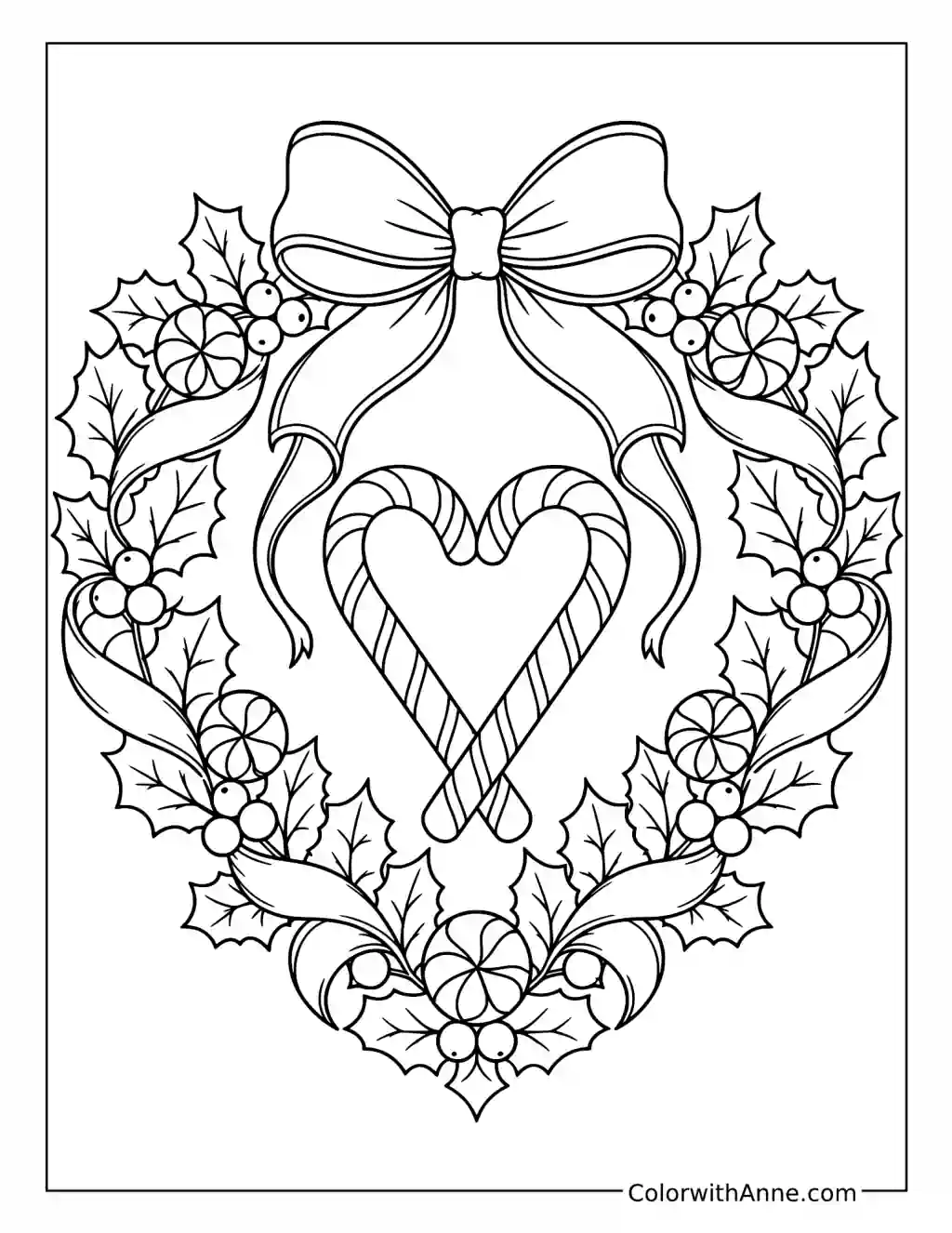 Candy Cane Heart Wreath with a Bow coloring page