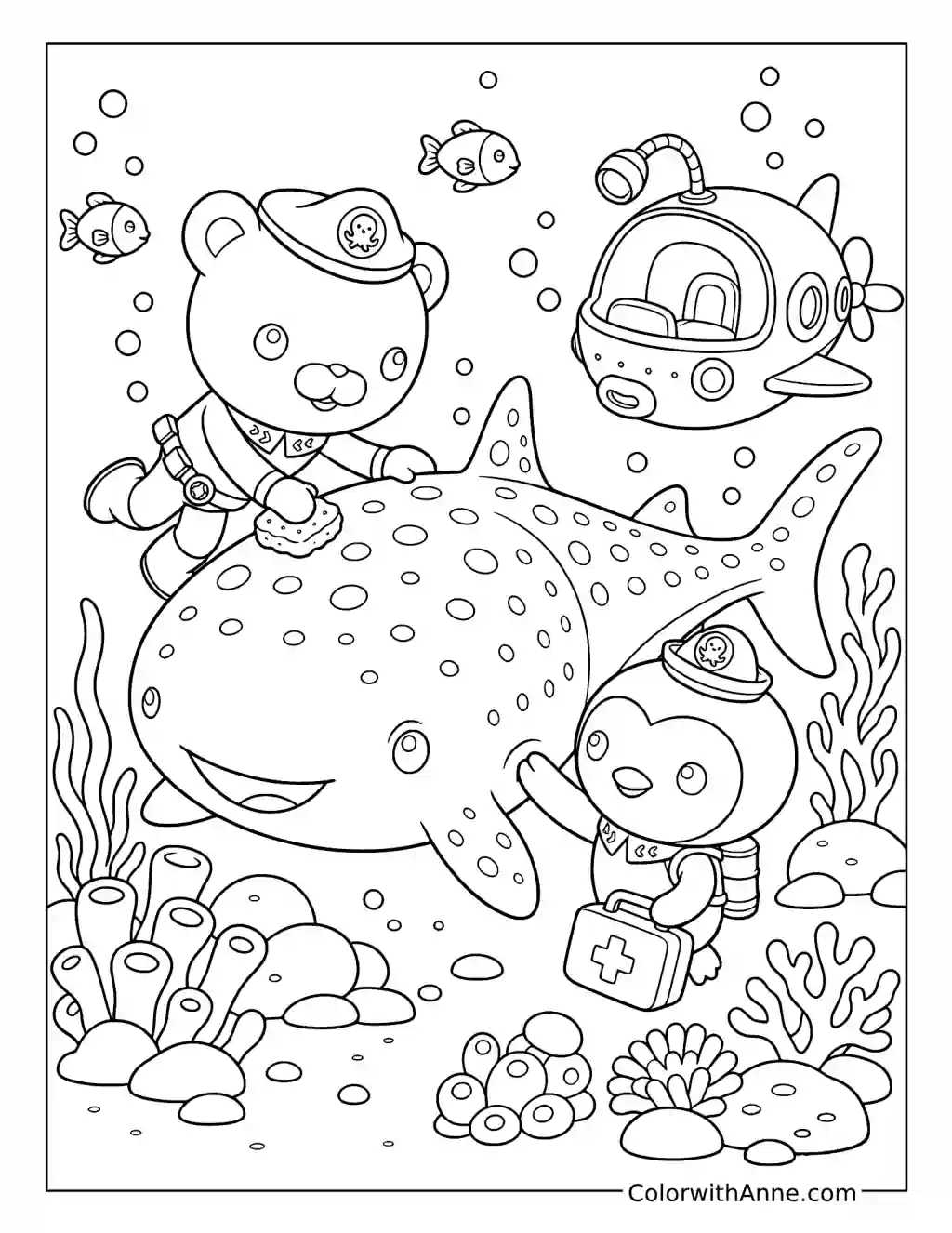 Captain Barnacles and Peso Treating a Whale Shark coloring page