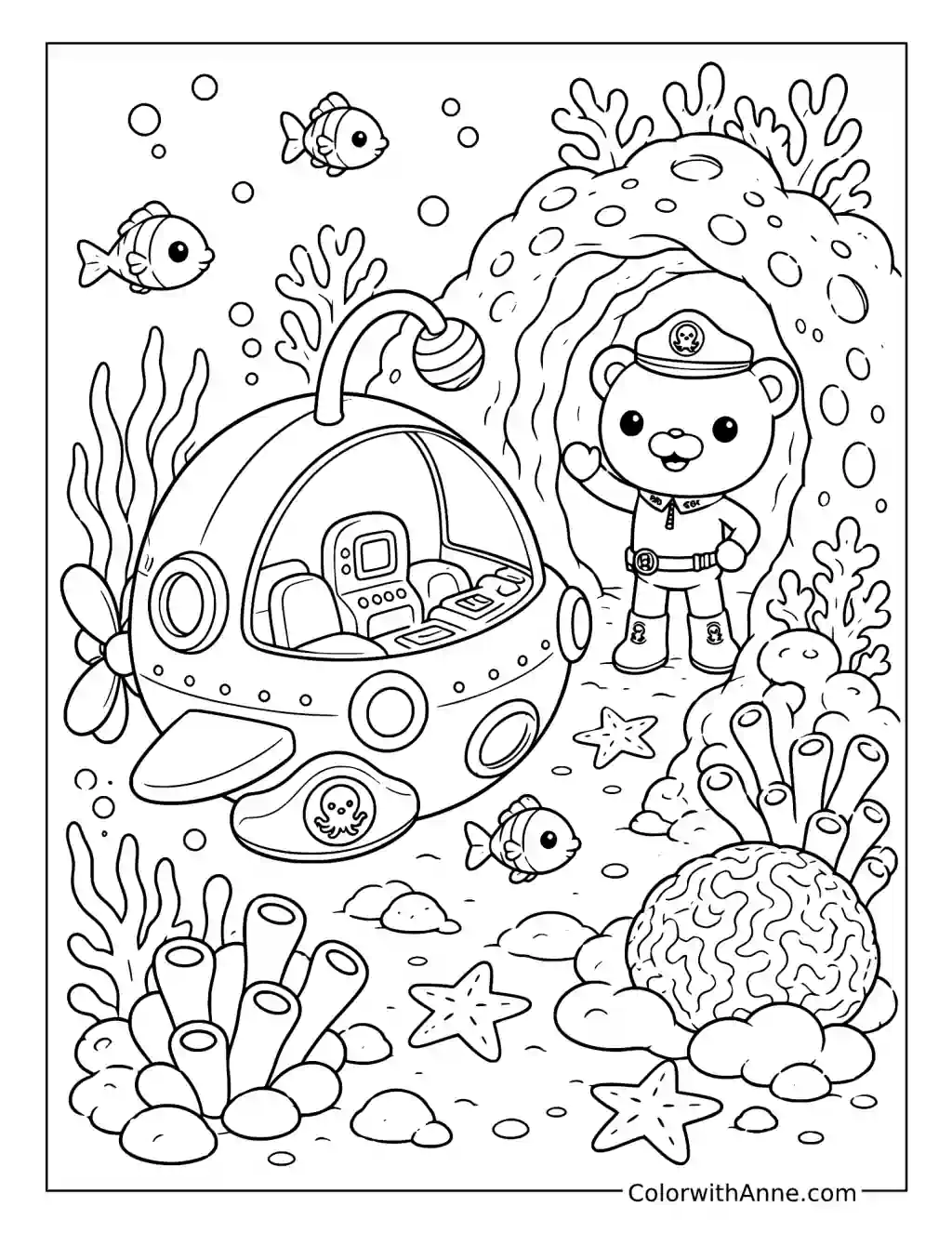 Captain Barnacles Exploring a Coral Cave coloring page