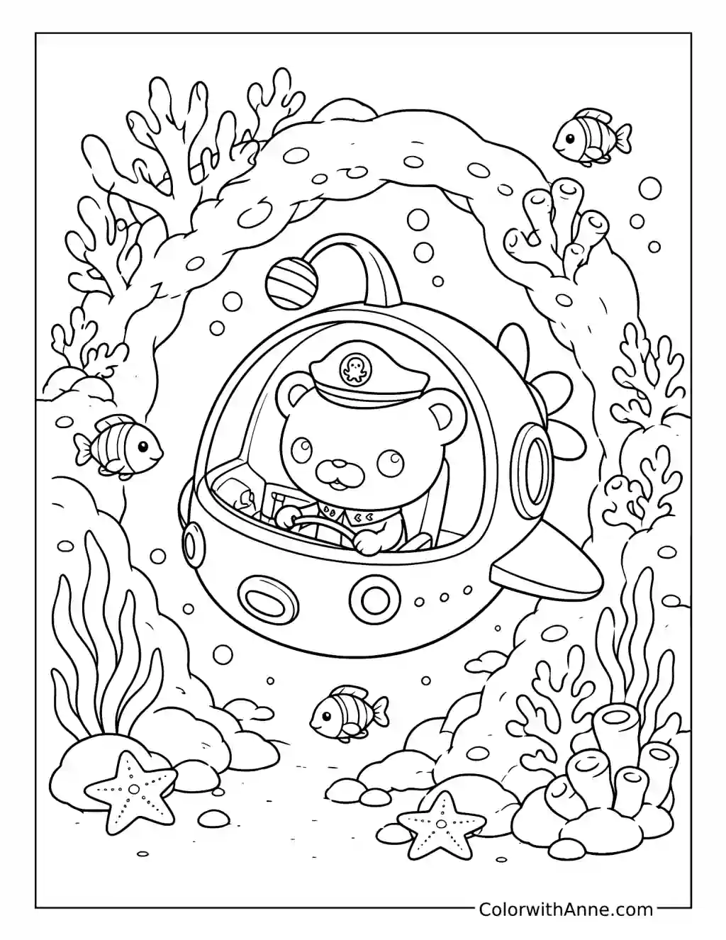 Captain Barnacles Piloting a Submarine through a Coral Arch coloring page
