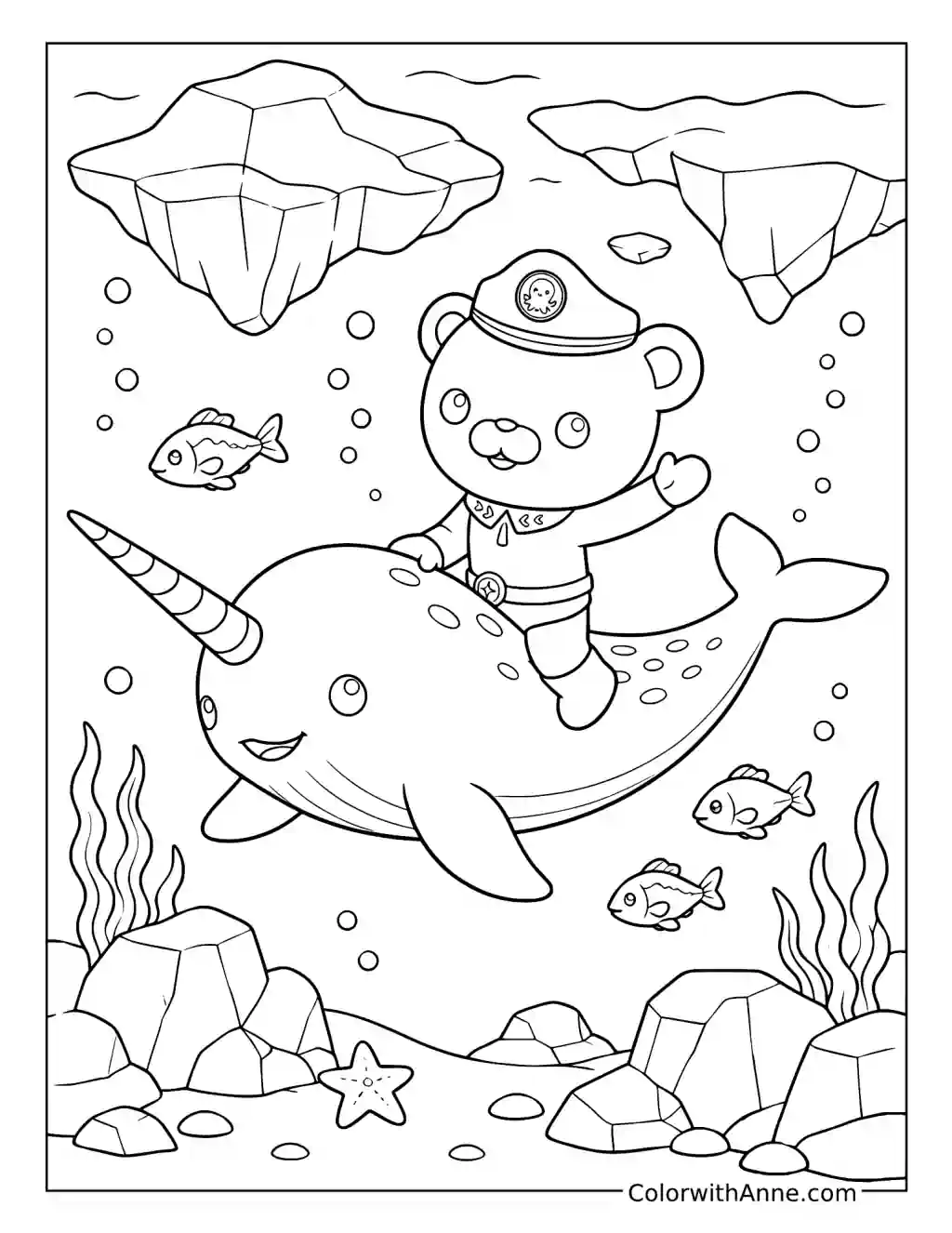 Captain Barnacles Riding a Narwhal beneath the Ice coloring page