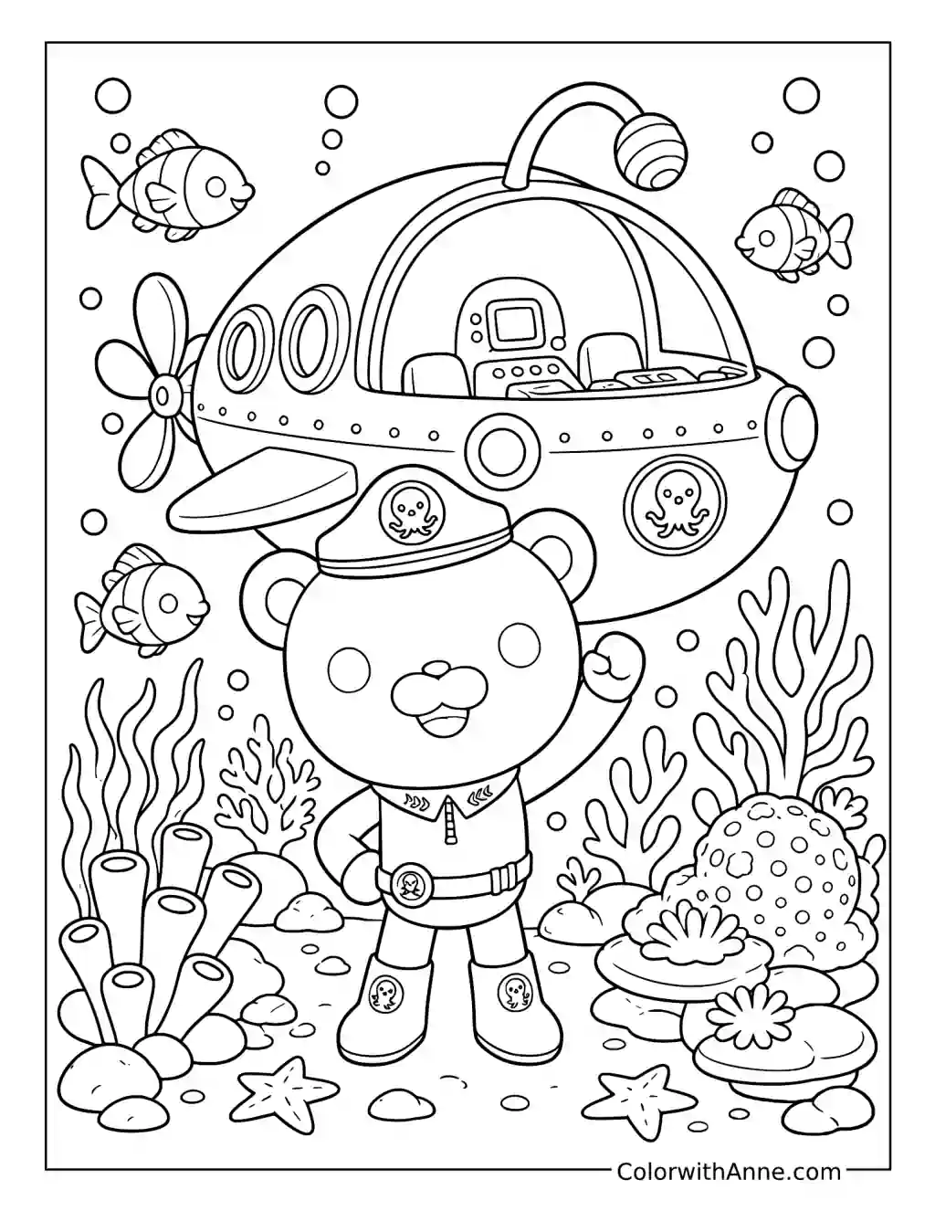 Captain Barnacles Waving beside a Submarine coloring page
