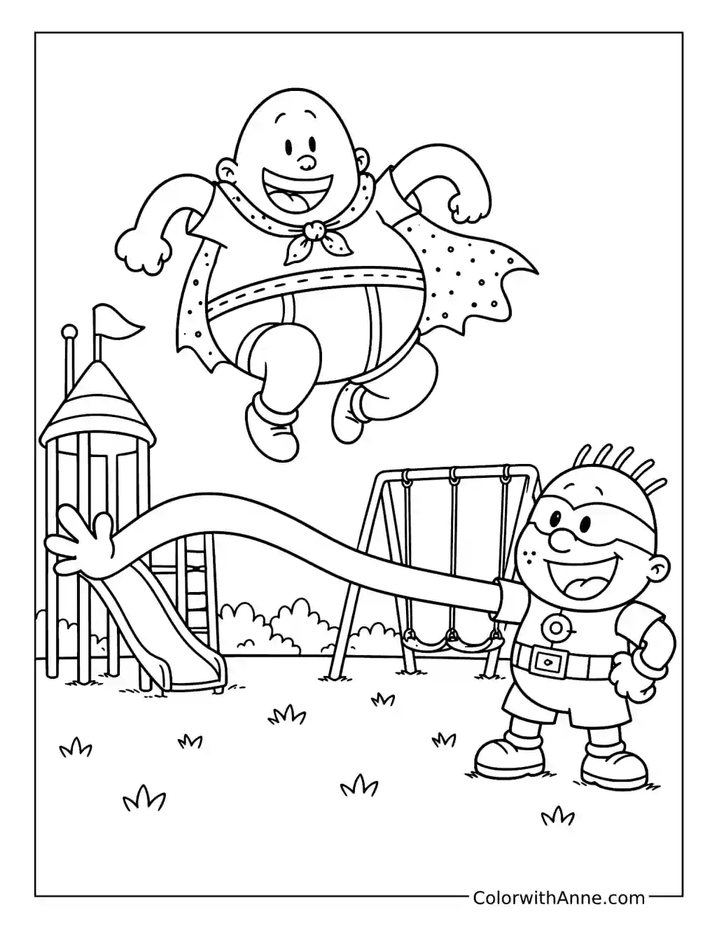 Captain Underpants at the Playground with a Stretching Superhero coloring page