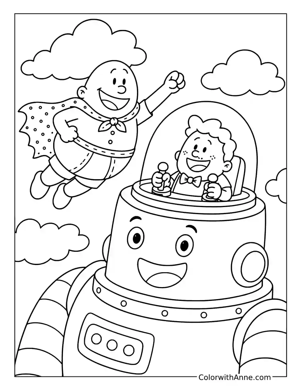 Captain Underpants Flying Beside a Robot coloring page