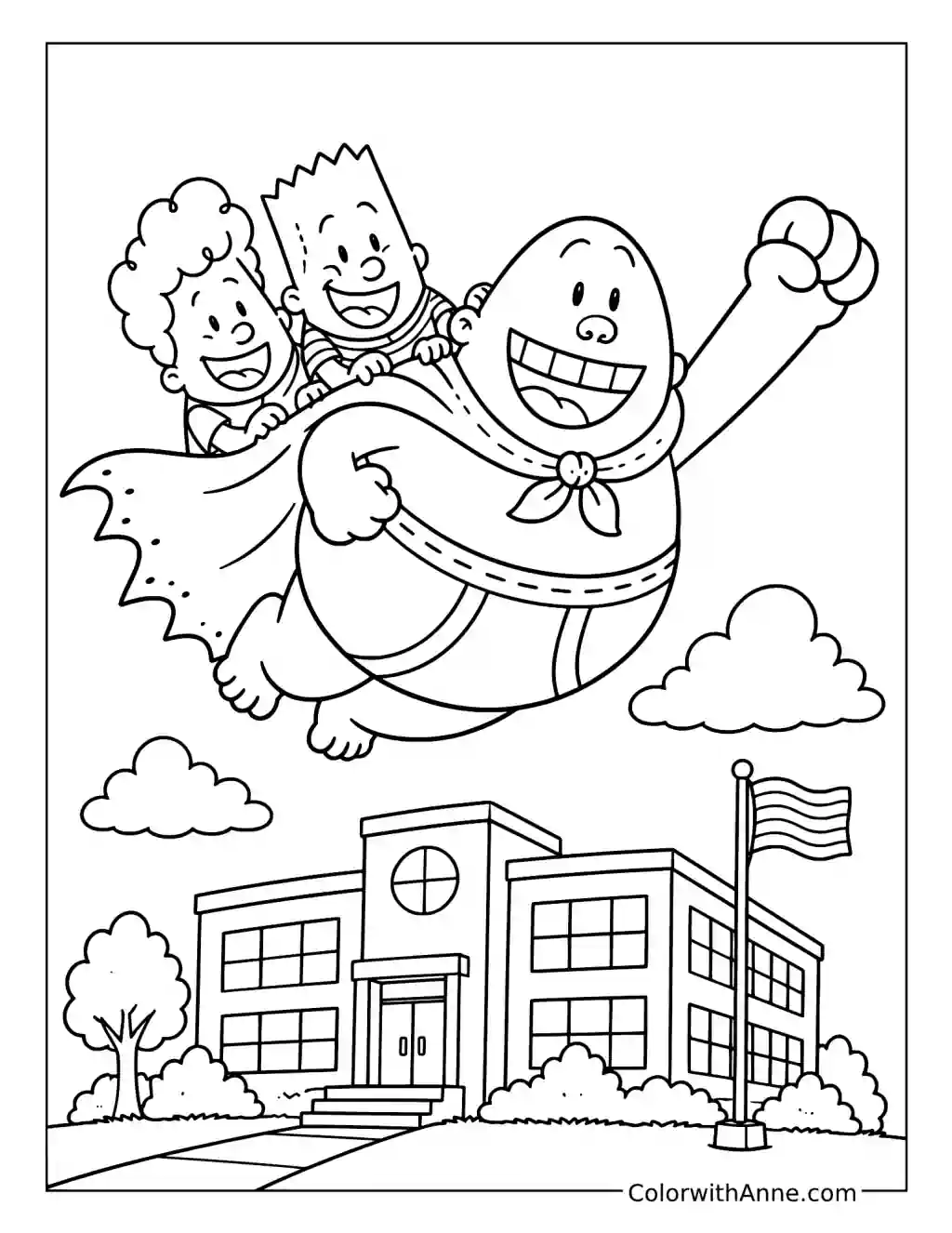 Captain Underpants Flying over the School coloring page