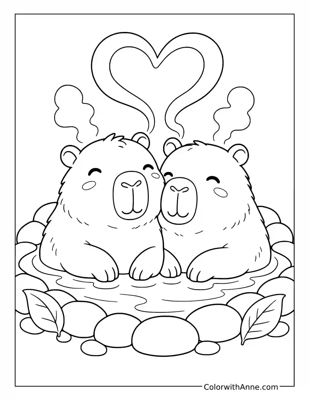 Capybaras Cuddling in a Hot Spring with Heart-Shaped Steam coloring page