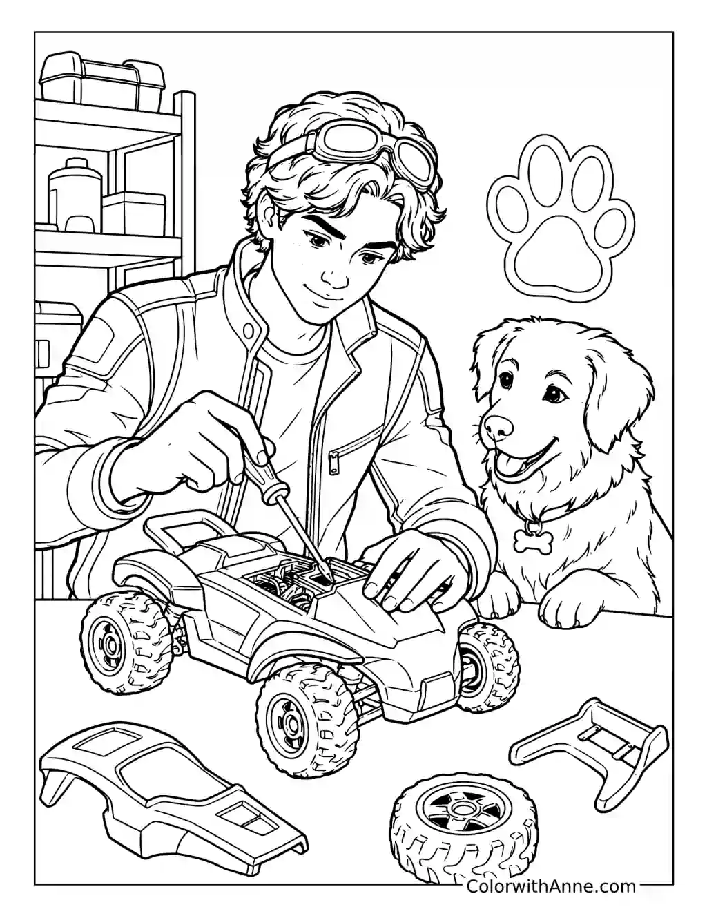 Carlos Repairing a Toy Car with His Dog coloring page