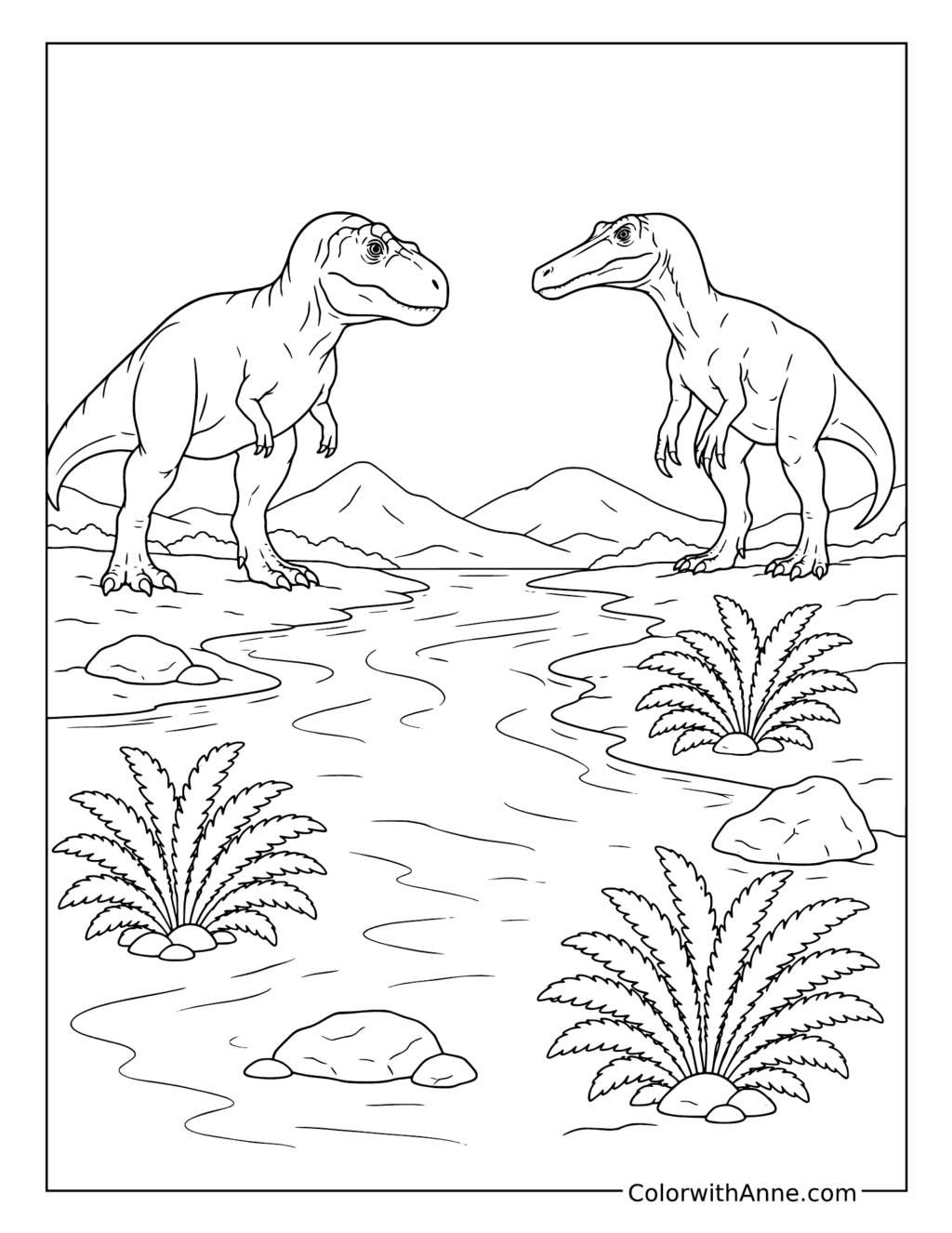 Carnivorous Dinosaurs across a River coloring page