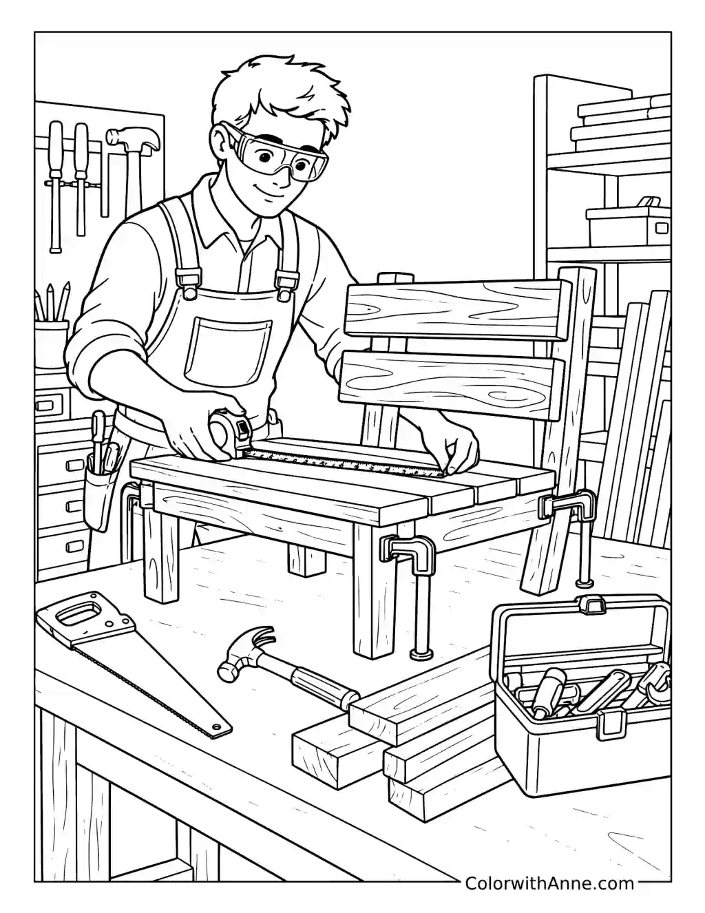 Carpenter Building a Wooden Bench coloring page