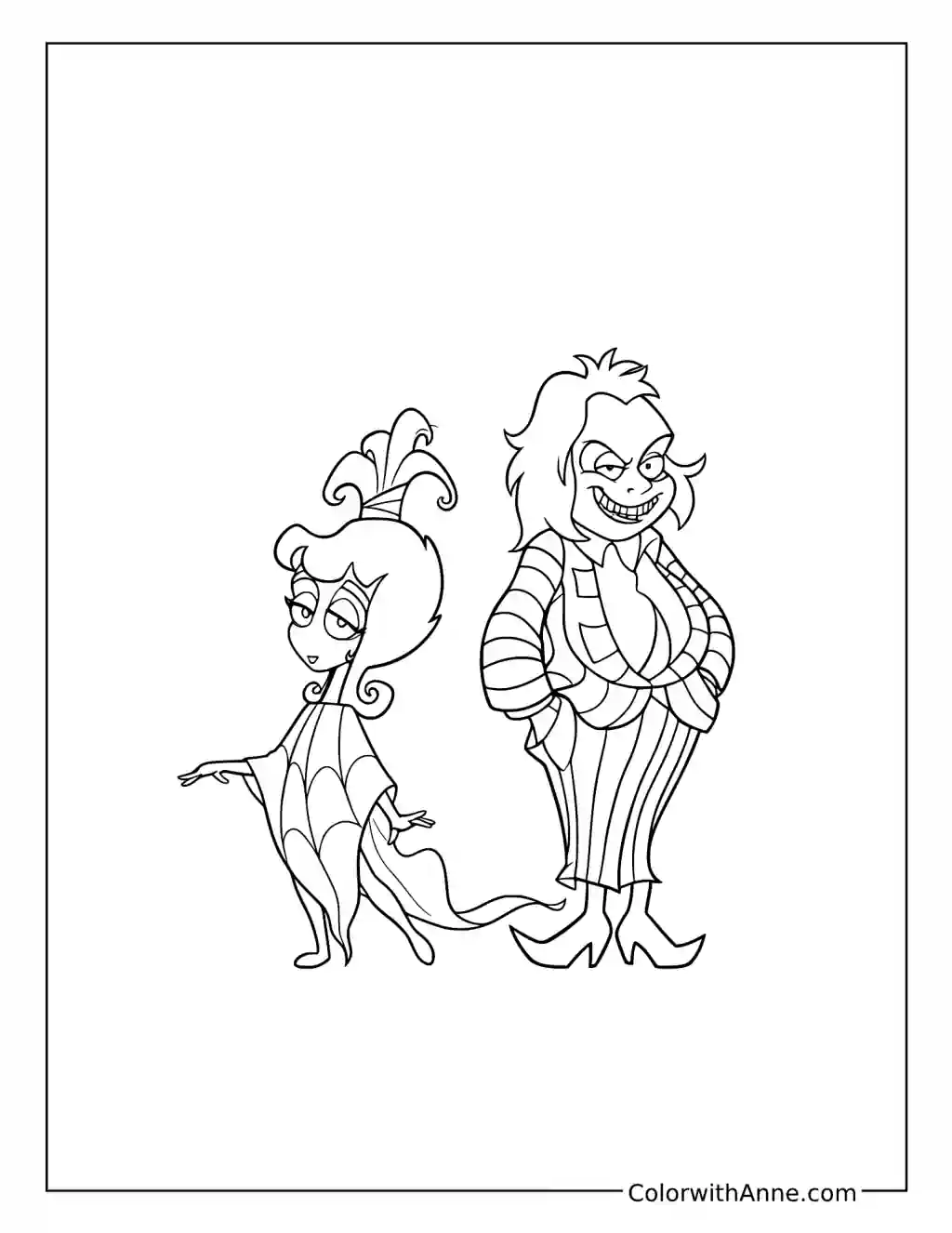 Cartoon Beetlejuice and Lydia Standing Back to Back coloring page