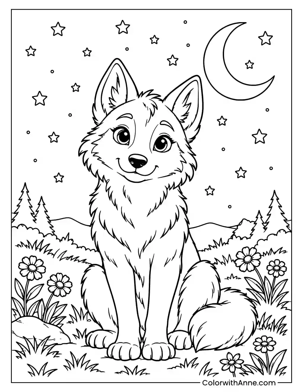 Cartoon Wolf Sitting Under a Starry Moonlit Sky Coloring Page