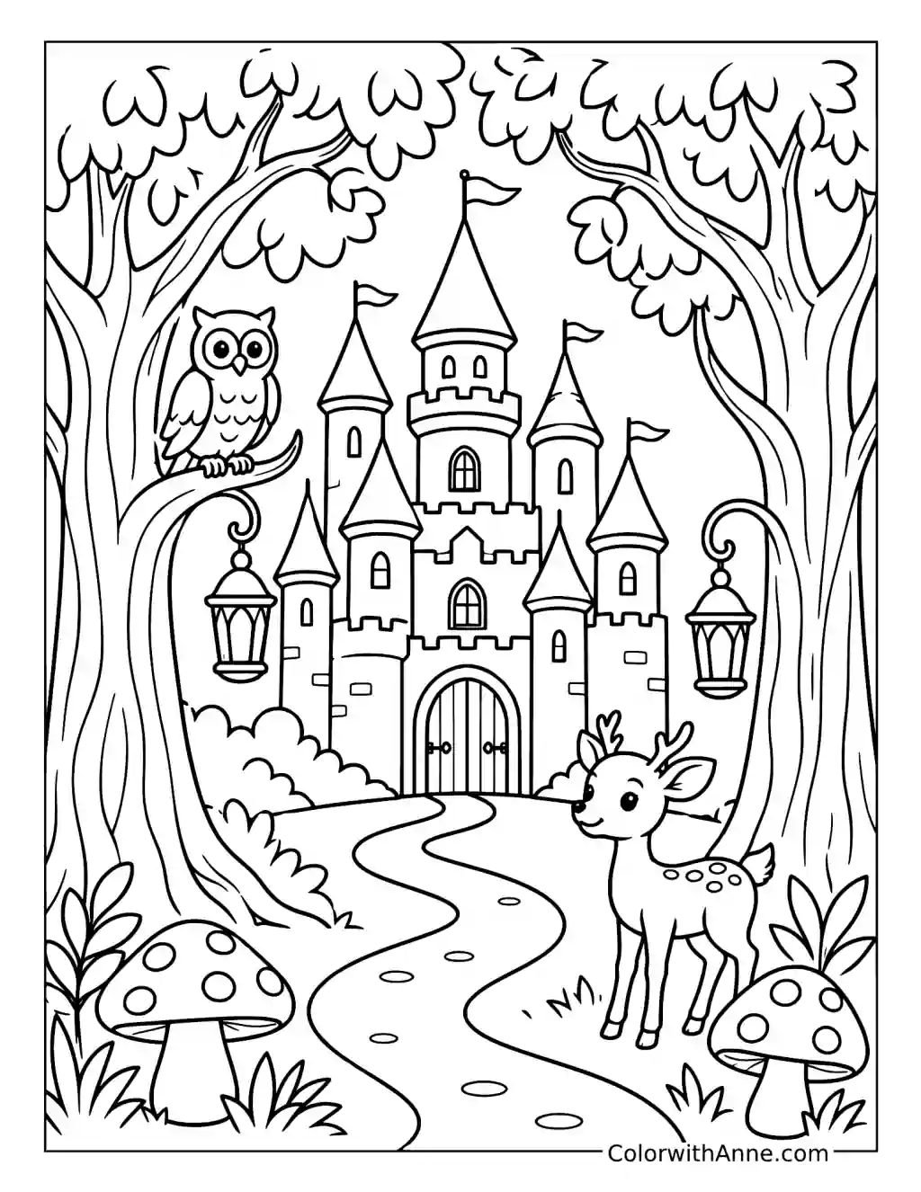 Castle Hidden in a Magical Forest coloring page