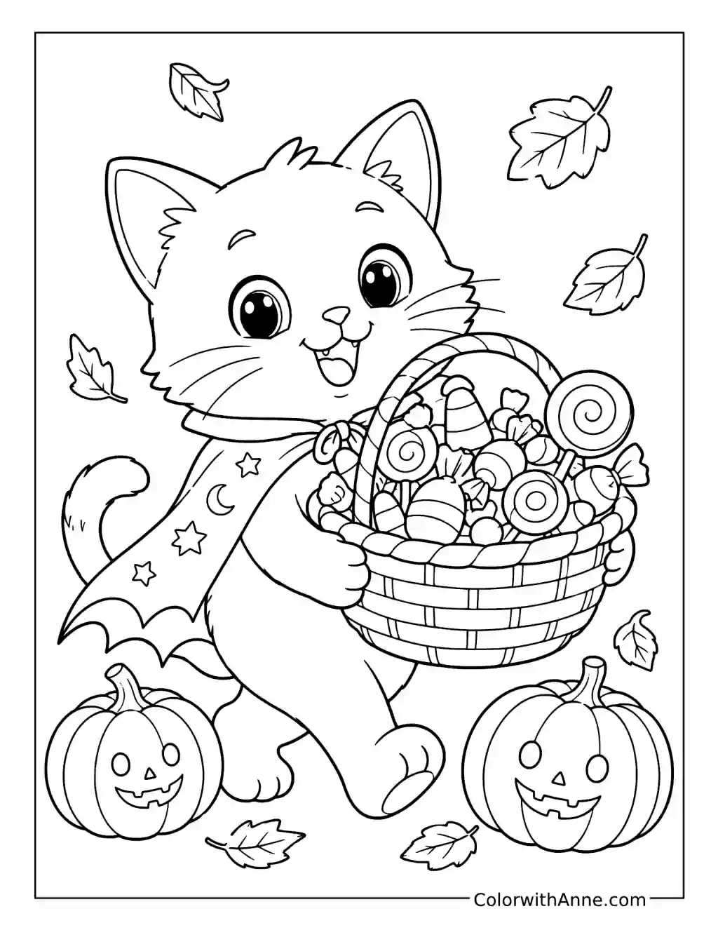 Cat Carrying a Basket of Halloween Candy coloring page