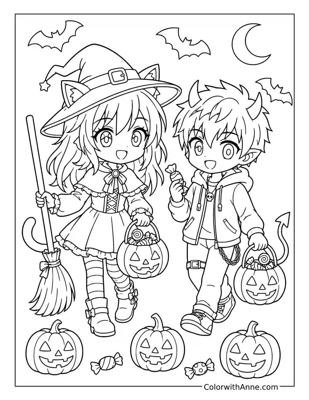 Cat-Eared Witch and Demon Boy Trick-or-Treating coloring page