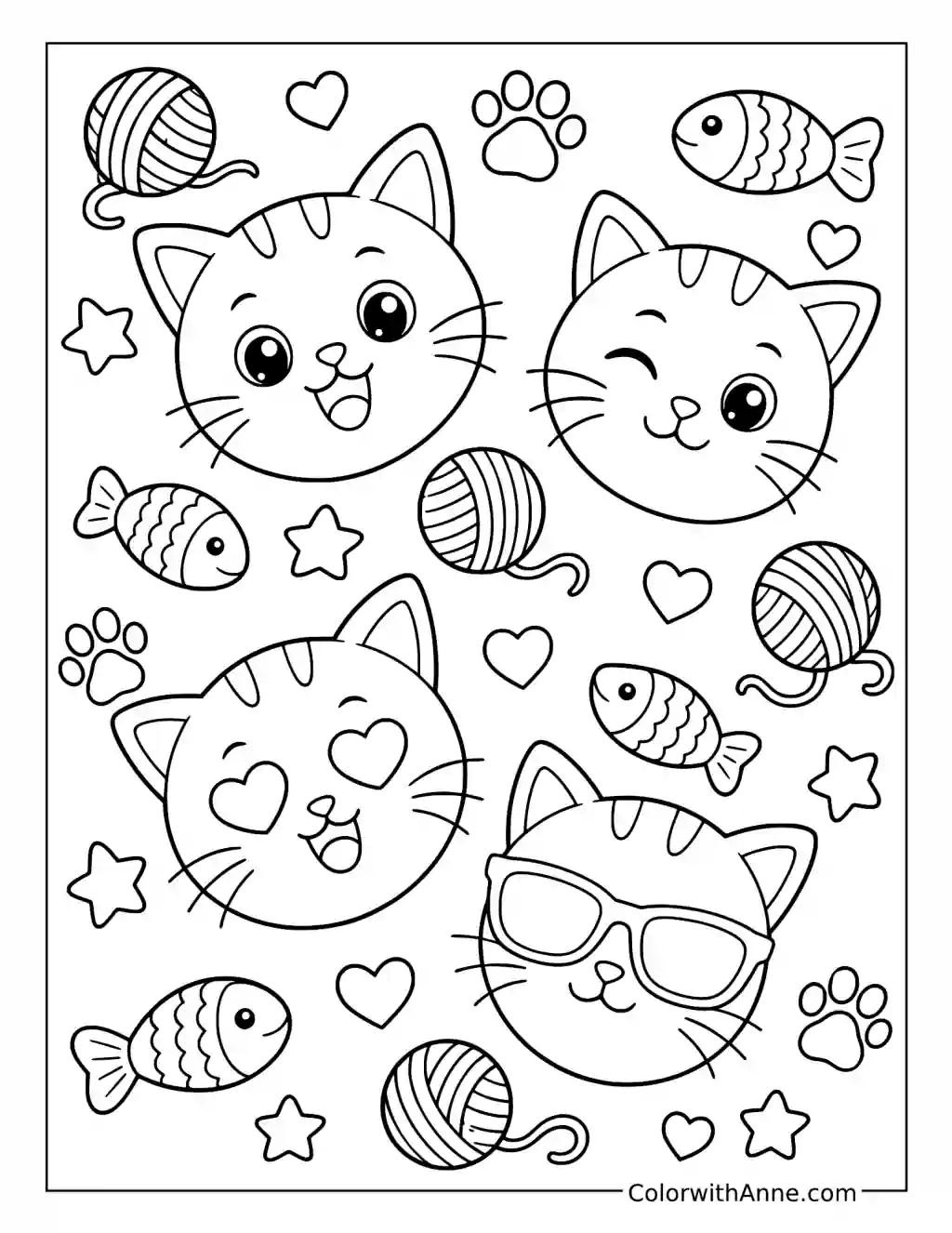 Cat Emojis with Fish and Yarn coloring page