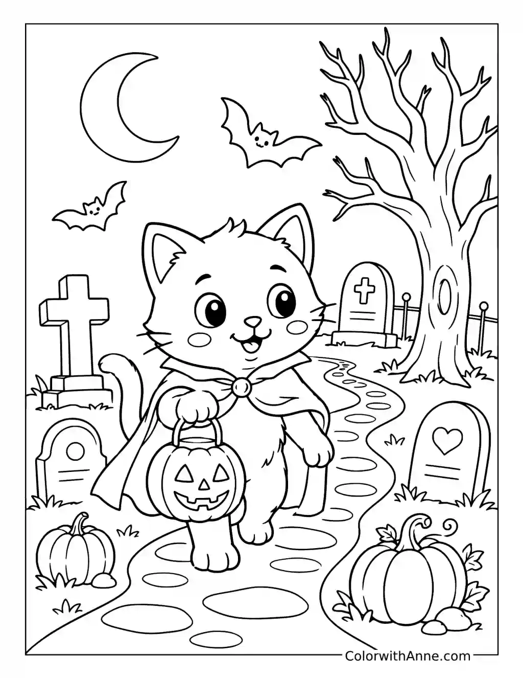 Cat Exploring a Halloween Graveyard coloring page