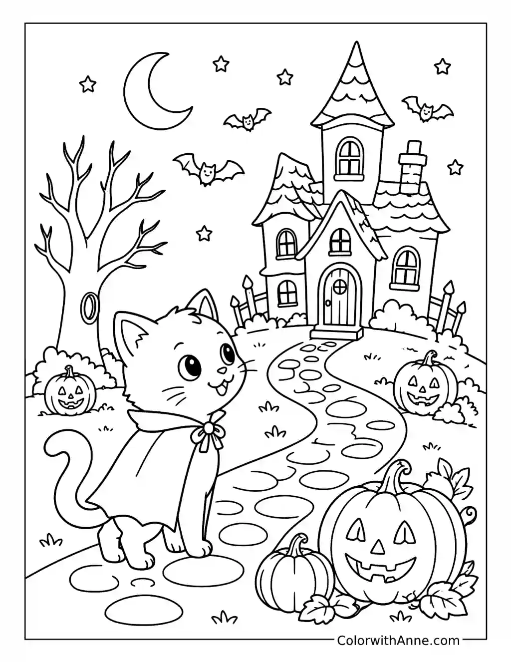 Cat Exploring a Haunted House coloring page