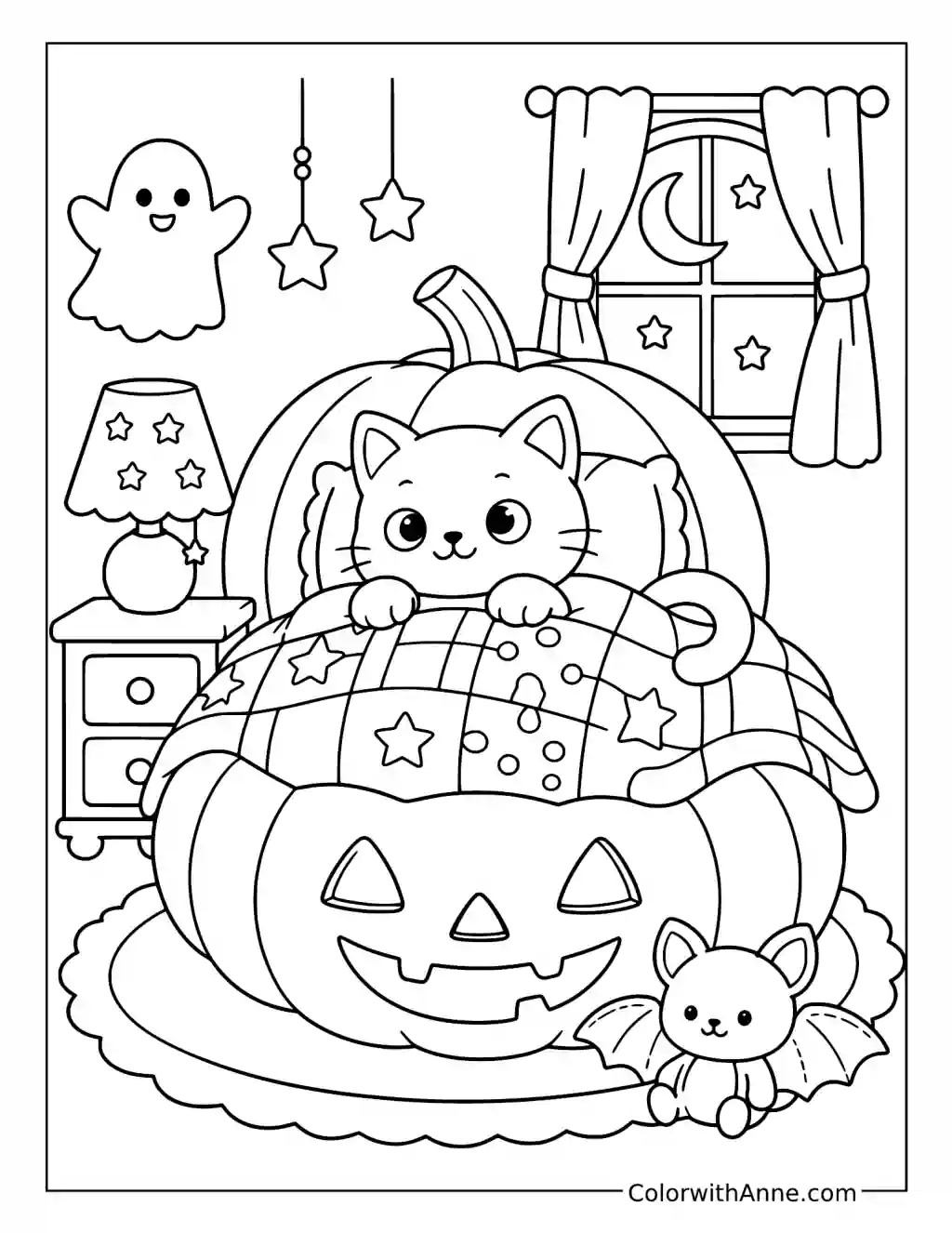 Cat in a Cozy Halloween Bedroom coloring page