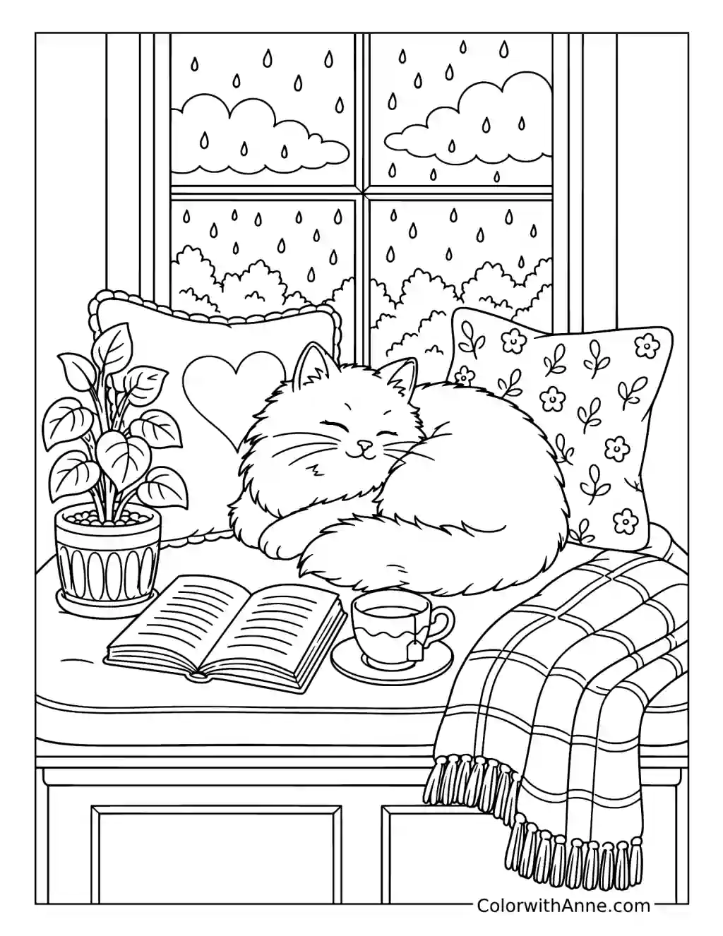 Cat in a Cozy Window Nook coloring page
