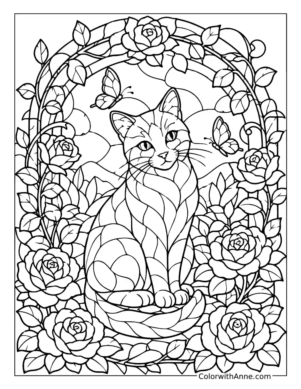 Cat in a Flower Garden Stained Glass coloring page