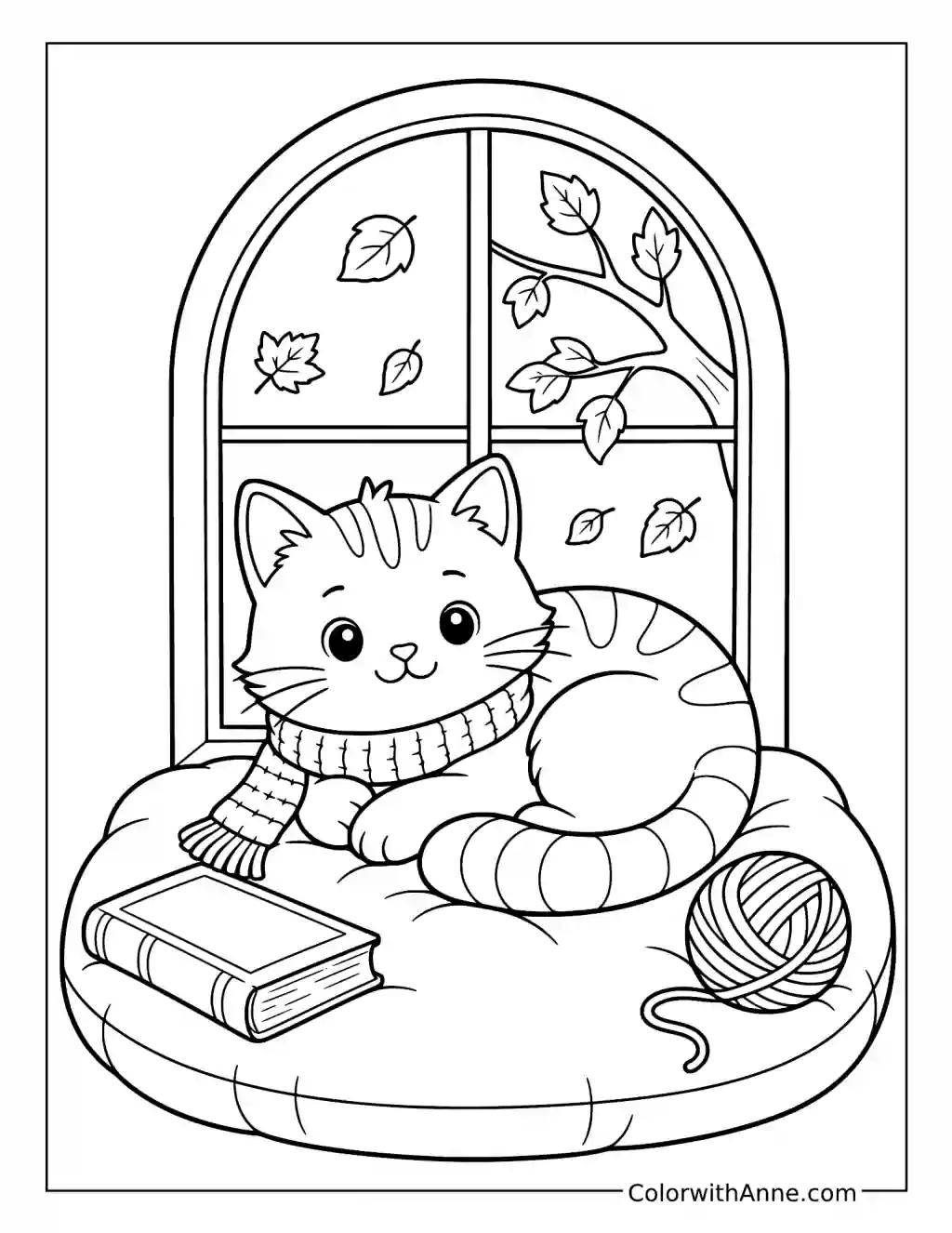 Cat in a Scarf Resting by an Autumn Window coloring page