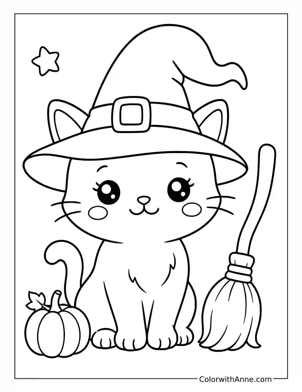 Cat in a Witch Hat Beside a Broom and Pumpkin coloring page