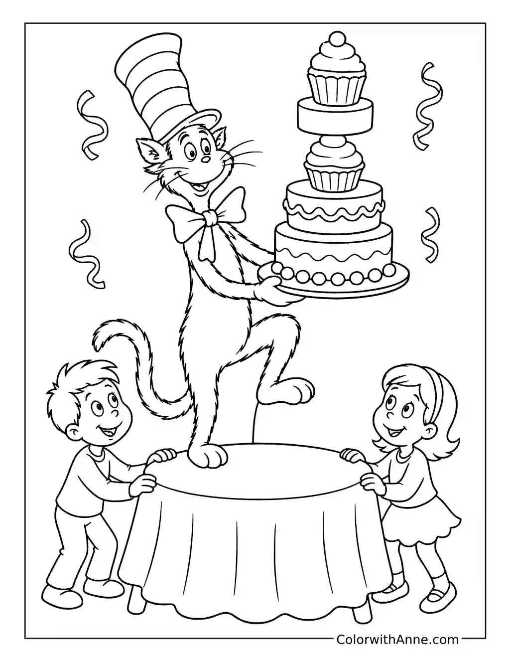 Cat in the Hat Balancing a Cake Tower coloring page